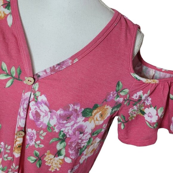 First Love Pink Floral Cold Shoulder Lovely  Button Tie Front Womens Large - Picture 4 of 10